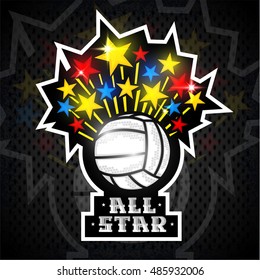 Multicolored Stars Fly Out From Volleyball Ball And Text All Star. Vector Sport Logo For Any Team And Championship