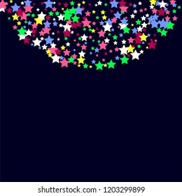Multicolored stars on a blue background. White, pink, purple, blue and green stars.