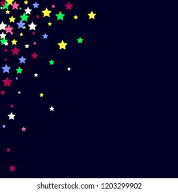 Multicolored stars on a blue background. White, pink, purple, blue and green stars.