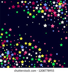 Multicolored stars on a blue background. White, pink, purple, blue and green stars.