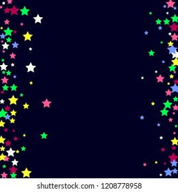 Multicolored stars on a blue background. White, pink, purple, blue and green stars.