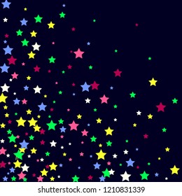 Multicolored stars on a blue background. White, pink, purple, blue and green stars.