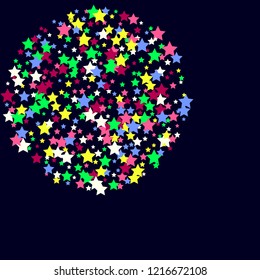 Multicolored stars on a blue background. White, pink, purple, blue and green stars.