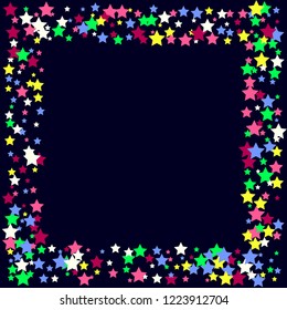 Multicolored stars on a blue background. White, pink, purple, blue and green stars.