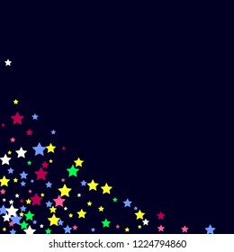 Multicolored stars on a blue background. White, pink, purple, blue and green stars.