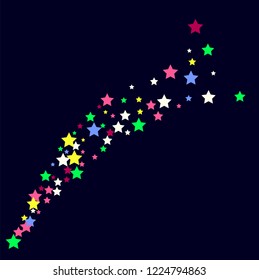 Multicolored stars on a blue background. White, pink, purple, blue and green stars.