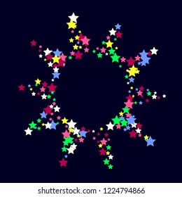 Multicolored stars on a blue background. White, pink, purple, blue and green stars.