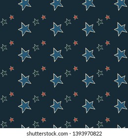 Multicolored stars on a dark background - seamless vector pattern. Stock picture, eps10. Isolated objects. Festive design in cartoon style. Suitable for packaging, paper, wallpaper.