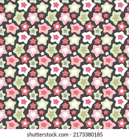 Multicolored stars on a gray background. Gentle pastel vector pattern. Pink, gray, white colors.