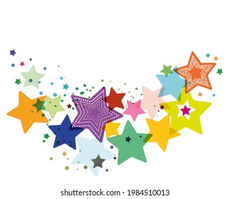 Multicolored stars on a white background. Illustration of flying stars with confetti. Decorative background with copy space. Suitable for your design, cards, invitations, congratulations.