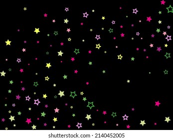 Multi-colored stars are scattered on a black background. Festive background, the basis for a postcard, background, flyer