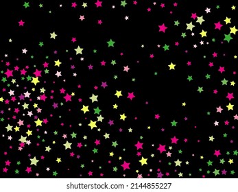 Multi-colored stars are scattered on a black background. Festive background, the basis for a postcard, background, flyer