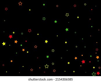 Multi-colored stars are scattered on a black background. Festive background, the basis for a postcard, background, flyer