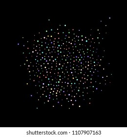 Multicolored stars, shiny confetti. Scattered little sparkling, glitter balls, circles. Random stellar falling on black background. New Year Christmas background. Vector illustration.