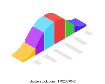 A multi-colored statistic chart showing the rise and fall of the financial situation. Isometric isolated graph in the form of a wave on a white background and with gray indicators below.