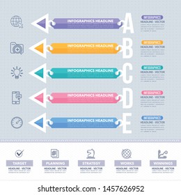 Multicolored Stats Arrows Template with Business Strategy Flat Web Icons. Infographics Illustration Design