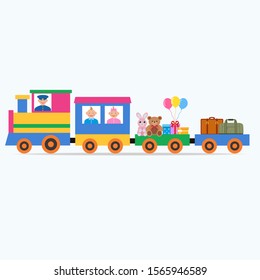 multi-colored steam engine with children, toys and gifts on a blue background.