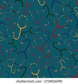 Multi-colored stethoscope. Medical diagnostic device. Seamless vector pattern. Isolated green background. Repeating medical pattern. Doctor's tool. Cartoon style. Endless background. Health theme. 