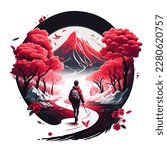Multicolored sticker, a beautiful red mountain framed by flowers. The traveler goes uphill