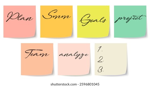 Multi-colored stickers for all seven days of the week. Plan, smm, goal, project, team. 3D realistic vector illustration isolated on white.