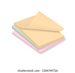 Multicolored sticky note cubes, vector mockup. Colored paper blocks stack with bent sheet corner, mock-up.