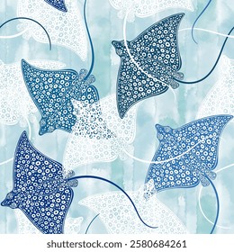 Multicolored stingrays on blue watercolor background. Luxury hand drawn design with sea creatures, seamless pattern. Art sea background. Vector. Perfect for wallpaper, wrapping, fabric, print