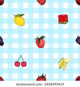 Multicolored strawberry, strawberry, watermelon, cherry in a cage. Bright fruity retro pattern. For printing on prints, t-shirts, logos, sportswear