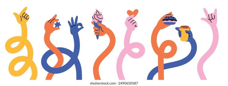 Multicolored stretched hands. Cartoon long human arms hold different items. Groovy hippie style. Various gestures. Pointing forefinger. Weaving and twisting color limbs