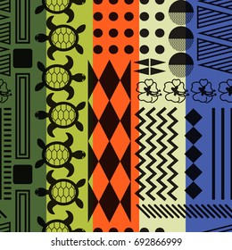 Multicolored striped aloha ornament seamless vector pattern. Colorful vertical tileable tribe background with triangles, lines, hibiscus and turtle elements.