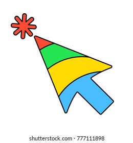 Multicolored striped cursor with click star icon. Flat vector cartoon illustration. Objects isolated on white background.