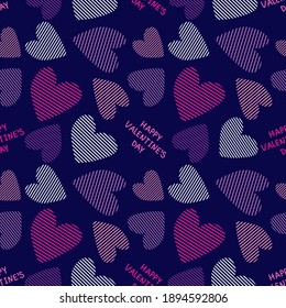 Los corazones a rayas multicolores están dispersos en orden aleatorio. Patrón sin foco. Texto con su santa valentina. Diseño para tela, fondo o papel envolvente