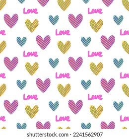 multicolored striped hearts seamless vector pattern, love doodle print, handwritten