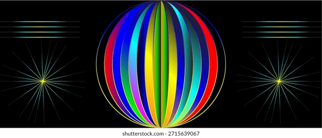 Esfera rayada multicolor sobre fondo negro