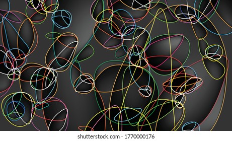 Bandas multicolores con formas de elipse distorsionadas, pequeñas, grandes, desiguales, solapadas, ordenadas sobre un fondo negro con diferentes pesos.