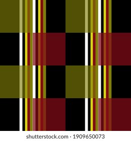 Bandas y cuadrados multicolores sobre un fondo negro.Tartán traza un patrón sin fisuras.