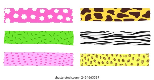 Multicolored strips of adhesive tape. Patterned stickers, scotch tape, sticky paper strips. Separate adhesive strips with torn edges. Bookmarks and elements for scrapbooking.