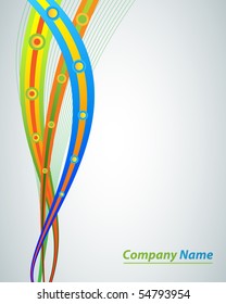 Multi-colored strips and circles on a grey background