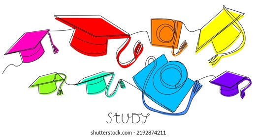 Multicolored student caps in one line on a white background. Stock vector illustration with attribute of higher education and graduation.