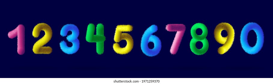 Multicolored stylish vector numbers from 0 to 9 stylized as wool. Details for design concepts design templates. Figures for a zoo with animals or children. Illustration elements step by step 