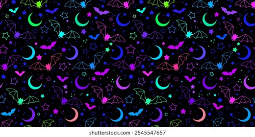 
Multicolored stylized bats and stars on a black background