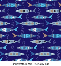 Multicolored Stylized Fish. Seamless Pattern On A Blue Background. Bright Print For Use In Textiles, Covers And Prints, Baby Products, Packaging, Leaflets And Flyers, Shops. Vector Illustration.