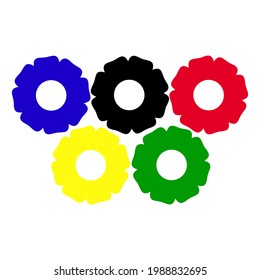 Multicolored stylized flowers. Stylized gears. Tokyo Sports Games Rings