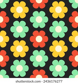 Multicolored stylized flowers on black background. Vector seamless pattern. Best for textile, wallpapers, home decoration, wrapping paper, package and your design.