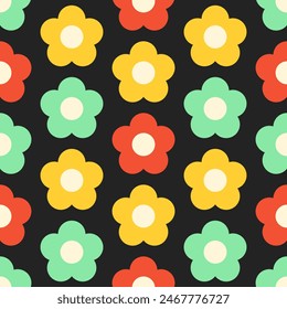 Multicolored stylized flowers on black background. Vector seamless pattern. Best for textile, wallpapers, wrapping paper and your design.