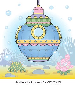 Multi-colored submarine bathyscaphe under water