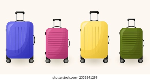 Multi-colored suitcases. Adult and children's luggage. Four isolated elements. Vector illustration with a light gradient.