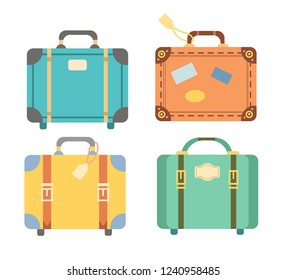 Multi-colored suitcases isolated on white background. Luggage, travel bags, flat style