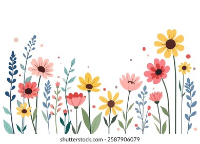 Multicolored summer flowers, flower meadow: vector illustration in bright colorful colors for decor and creativity.