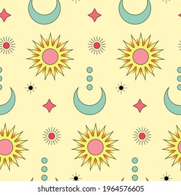 Multicolored sun, moon and stars esoteric seamless pattern vector art.