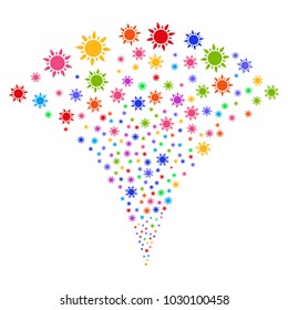 Multicolored Sun stream fountain. Object fountain made from random sun pictograms as fireworks. Vector illustration style is flat iconic symbols with psychedelic colors.